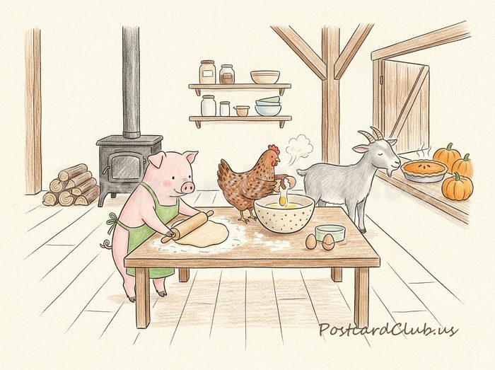 Pie day in the barn: A pig, a hen and a goat bake a pie together.