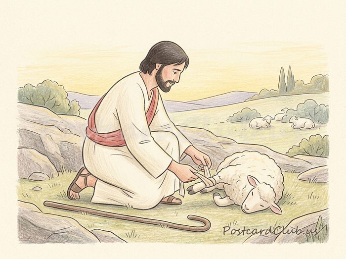He binds up the hurt: The Savior kneels to bind a hurt sheep's leg.