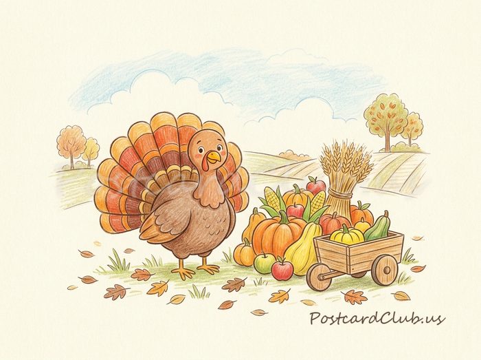 Thanksgiving turkey: A turkey with a harvest wagon of pumpkins and apples.