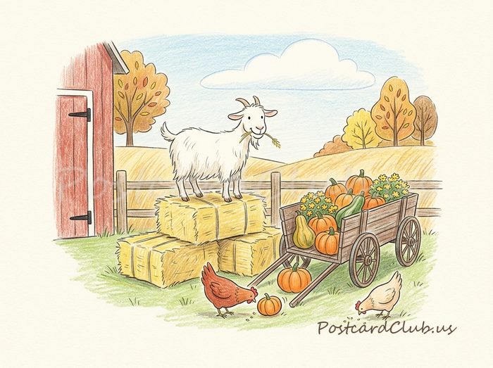 Goat on the hay: A goat stands on hay bales next to a wagon of pumpkins.