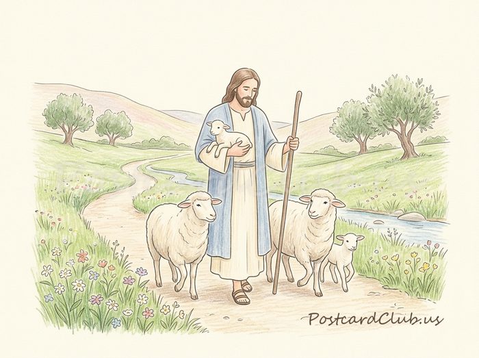 The Good Shepherd: The Savior carries a lamb in His arms and leads the ewes.