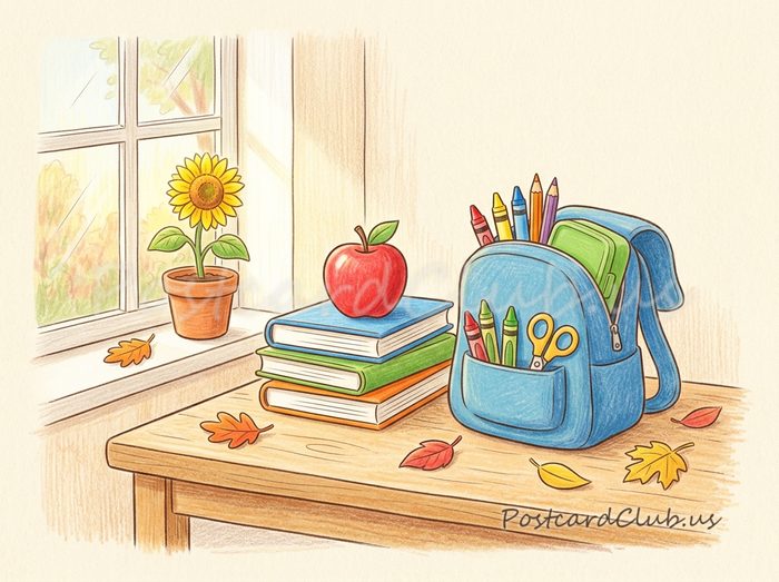 Back to school: A backpack, books, crayons and an apple on a sunny desk.