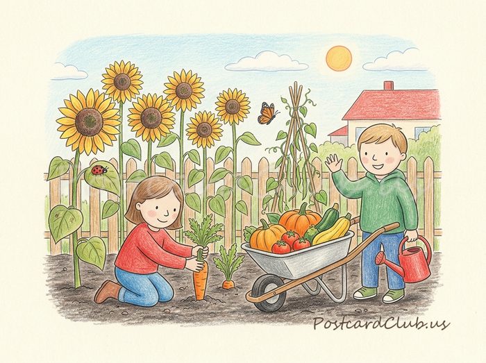 Garden friends: Two kids picking carrots and veggies beside tall sunflowers.