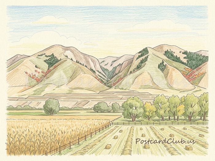 Harvest fields: Golden fields under the mountains at summer's end.