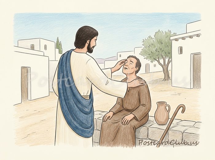 The Savior heals: The Savior gently touches the eyes of a blind man on a village road.